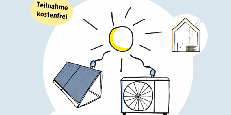 Schematische Zeichnung der Sonne als Energiequelle, die Photovoltaikanlage und Wärmepumpe speist, zur Ankündigung der Vortragsreihe