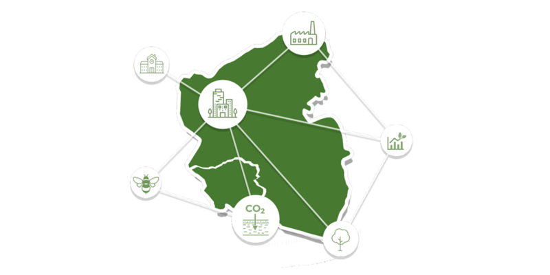 Wettbewerbslogo mit den Flächen der Bundesländer Saarland und RLP sowie mit Klimaschutz verbundenen Icons