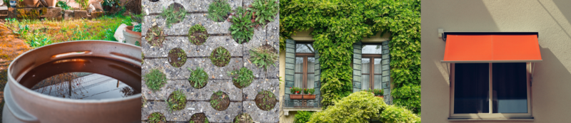 Exemplarische Beispiele für Klimaanpassung zuhause: Regentonne, Versickerungsfähiger Bodenbelag, Fassadenbegrünung, Sonnenschutz am Fenster