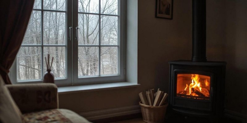 Wohnzimmer mit einem brennenden Holzofen, durch das Fenster ist eine zarte Winterlandschaft zu sehen