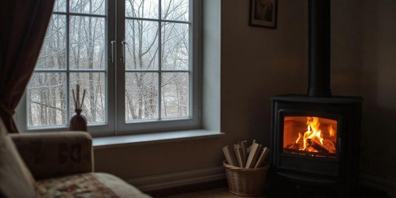 Wohnzimmer mit einem brennenden Holzofen, durch das Fenster ist eine zarte Winterlandschaft zu sehen