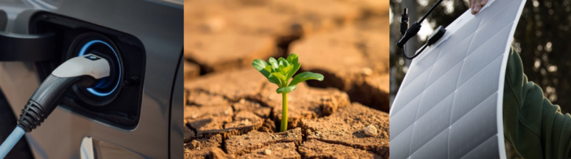 Collage aus Titelbildern vergangener Newsletter: E-Mobilität, Dürre, Photovoltaik Modul