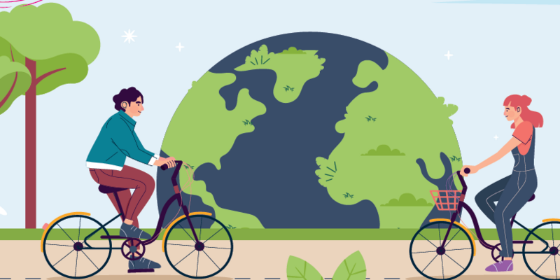 Ausschnitt des Schulradeln Werbeposters mit Radelnden im Vordergrund und der Weltkugel im Hintergrund