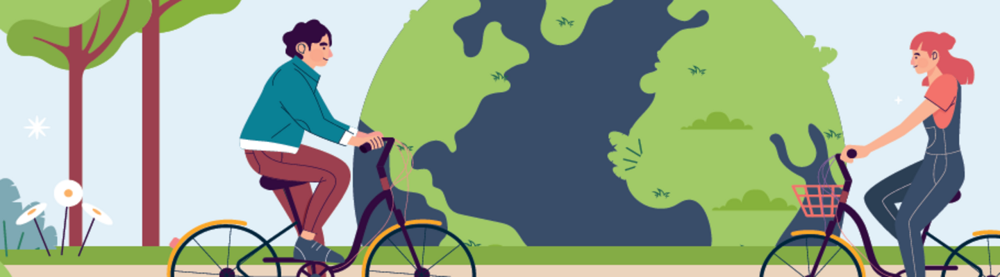 Ausschnitt des Schulradeln Werbeposters mit Radelnden im Vordergrund und der Weltkugel im Hintergrund