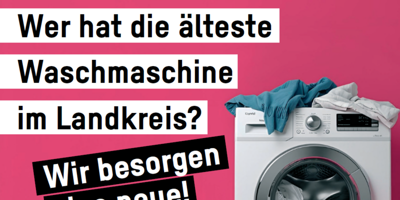 Aufruf zur Teilnahme an der Kampagne mit Waschmaschine im Hintergrund