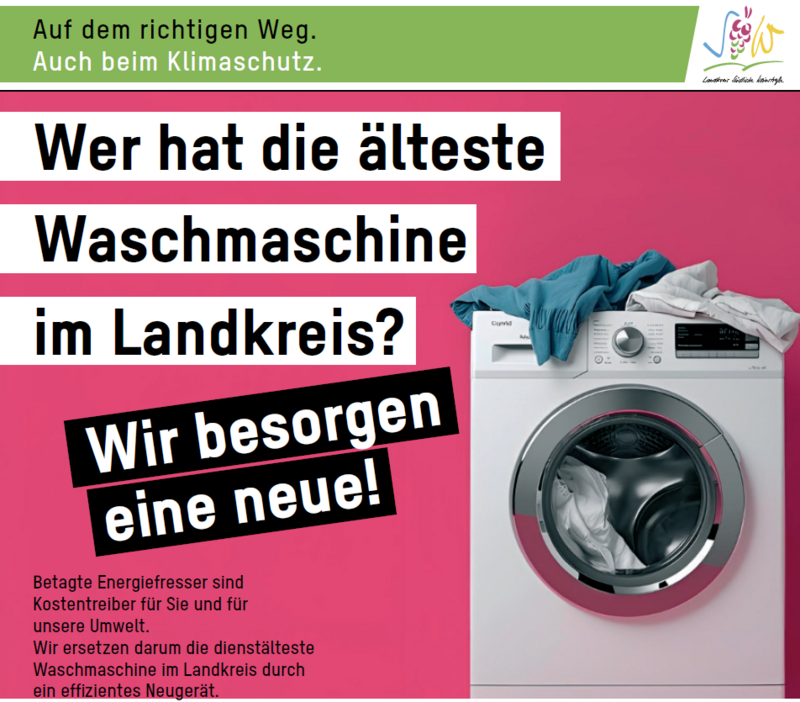 Aufruf zur Teilnahme an der Kampagne mit Waschmaschine im Hintergrund