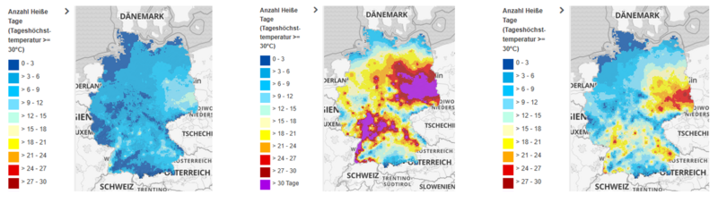 Karten zu Hitzetagen v.l.n.r. in den Jahren 2000, 2018 und 2024 (Quelle: Umweltbundesamt) Karten des Umweltbundesamtes zu Hitzetagen in den Jahren 2000, 2018 und 2024 - deutliche Zunahme seit dem Referenzjahr 2000, insbesondere in Südwest- und Ostdeutschland