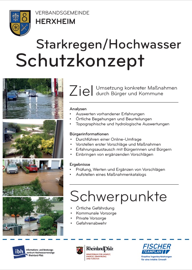 Abgebildet ist ein Informationsplakat über das Starkregenschutzkonzept der VG Herxheim, welches gerade erstellt wird. Es informiert über lokale Gefährdungspunkte, kommunale und private Vorsorge sowie die Gefahrenabwehr.