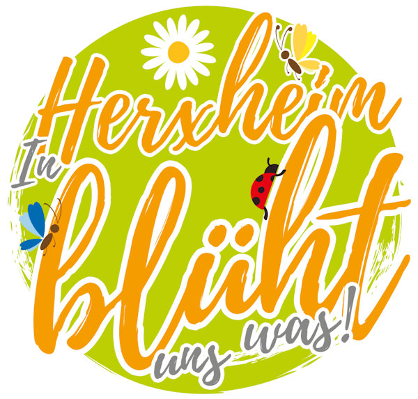 Abgebildet ist das Logo der Initiative "In Herxheim blüht uns was". Zu sehen sind bunte Blumen und Insekten.